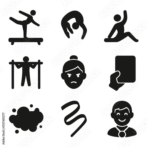 Gymnastics Icons Grid. Solid, filled icons set of gymnastics performance captures: balance beam, mid-air flip,