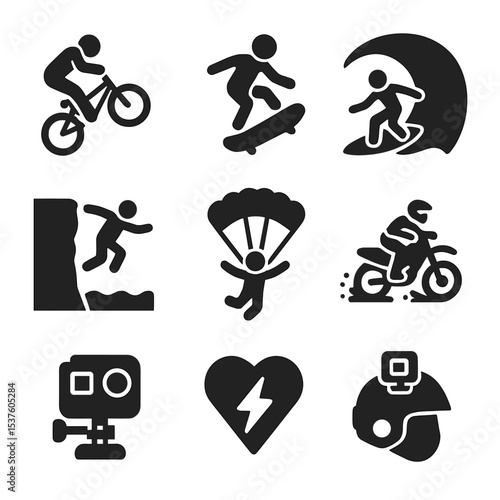 Extreme Sports Icons. Solid, filled icons set of extreme sports moments: BMX stunt, skateboard trick, surfing