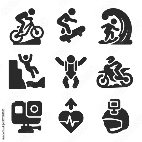 Extreme Sports Icons. Solid, filled icons set of extreme sports moments: BMX stunt, skateboard trick, surfing
