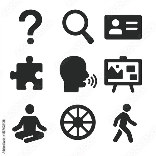 Icons of Self-Discovery. Solid, filled icons set of self-discovery process: question mark, magnifying glass,