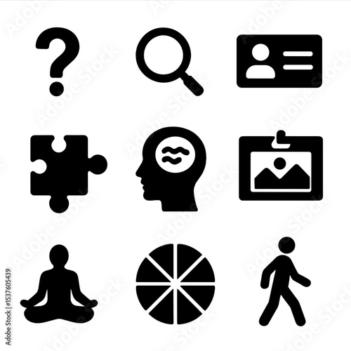 Icons of Self-Discovery. Solid, filled icons set of self-discovery process: question mark, magnifying glass,