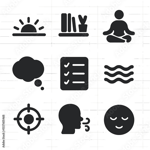 Mental Clarity Icons. Solid, filled icons set of mental clarity moments: sunrise horizon, decluttered space,