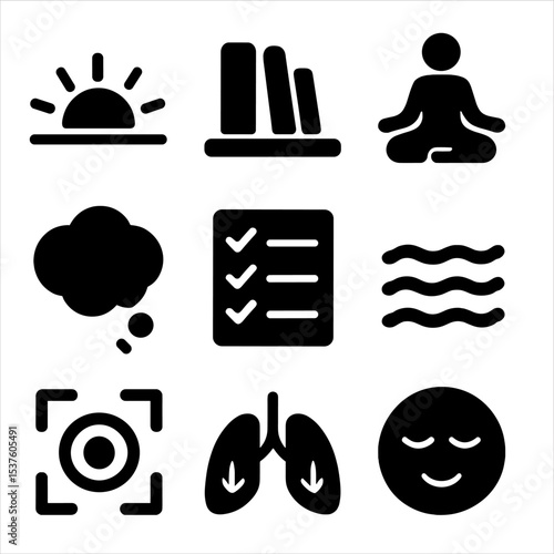 Mental Clarity Icons. Solid, filled icons set of mental clarity moments: sunrise horizon, decluttered space,