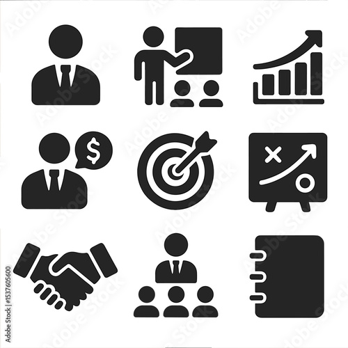 Business Mentor Icons. Solid, filled icons set of business mentor: mentor figure, coaching session, growth