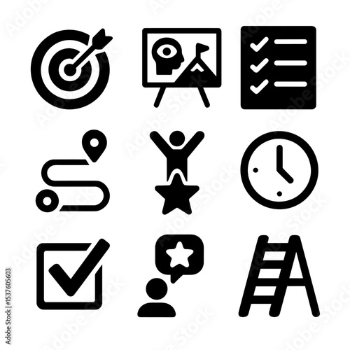 Goal Setting Icons. Solid, filled icons set of goal-setting clarity: target icon, vision board, goal list,