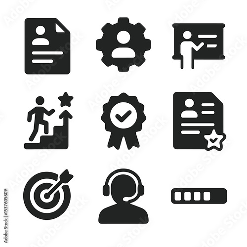 Professional Development Icons. Solid, filled icons set of professional development: resume file, skill icon,