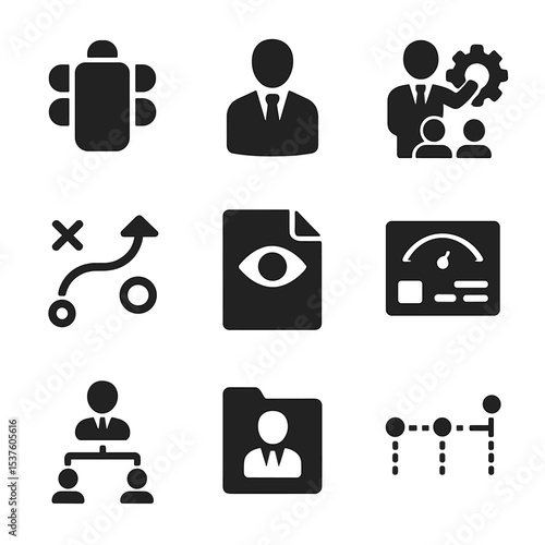 Executive Mentorship Icons. Solid, filled icons set of executive mentorship: boardroom table, CEO icon,