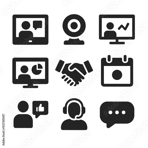 Remote Mentoring Icons. Solid, filled icons set of remote mentoring sessions: video call window, webcam icon,