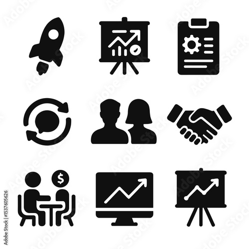 Startup Icon Set. Solid, filled icons set of startup mentorship: startup rocket, pitch deck, business plan,