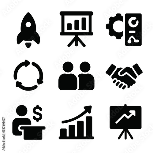 Startup Icon Set. Solid, filled icons set of startup mentorship: startup rocket, pitch deck, business plan,