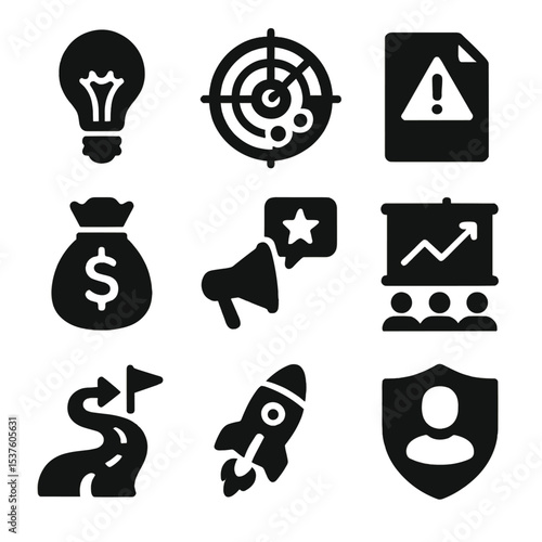 Entrepreneurship Icons Set. Solid, filled icons set of entrepreneur guidance: business idea, opportunity radar