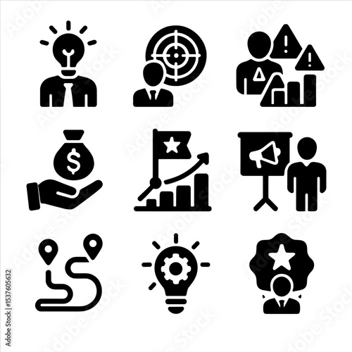 Entrepreneurship Icons Set. Solid, filled icons set of entrepreneur guidance: business idea, opportunity radar