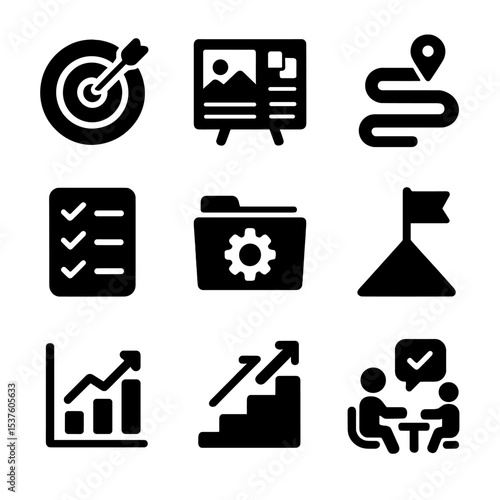Goal-Setting Icon Grid. Solid, filled icons set of goal-setting mentorship: goal icon, vision board, roadmap