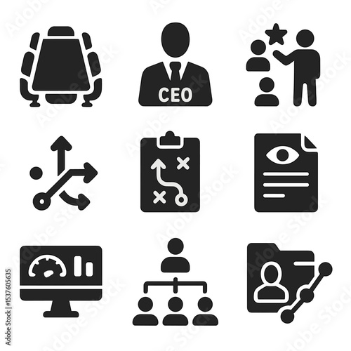 Executive Mentorship Icons. Solid, filled icons set of executive mentorship: boardroom table, CEO icon,