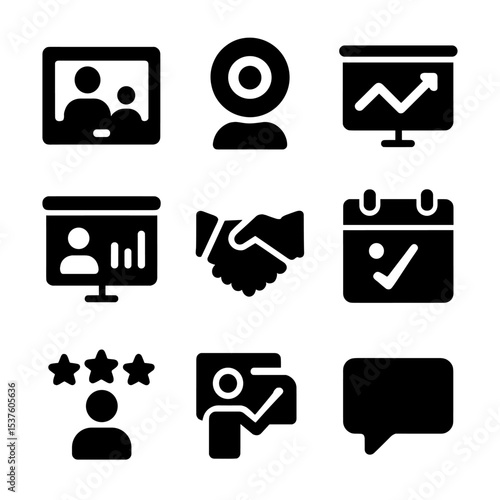 Remote Mentoring Icons. Solid, filled icons set of remote mentoring sessions: video call window, webcam icon,