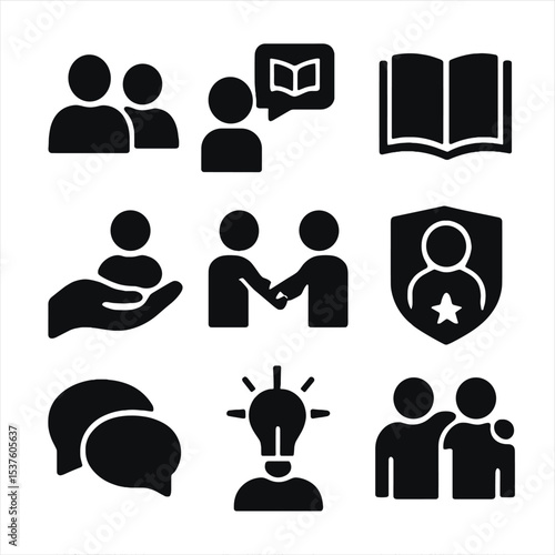 Mentor-Mentee Icon Set. Solid, filled icons set of mentor-mentee relationship: two-person icon, knowledge