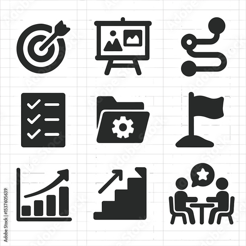 Goal-Setting Icon Grid. Solid, filled icons set of goal-setting mentorship: goal icon, vision board, roadmap