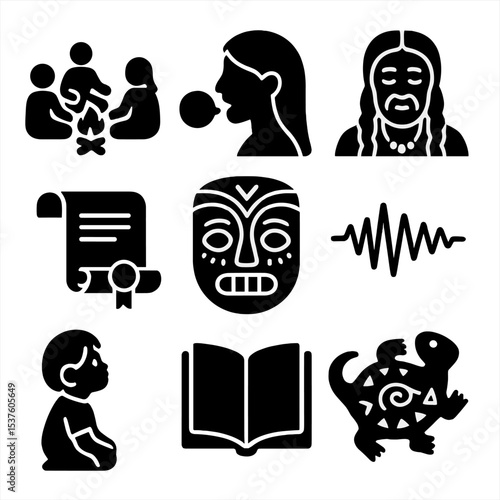 Indigenous Storytelling Icons. Solid, filled icons set of indigenous storytelling: campfire scene, spoken word