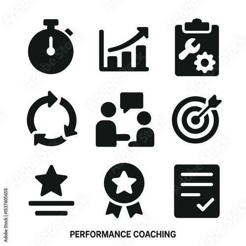 Performance Coaching Icons. Solid, filled icons set of performance coaching: stopwatch icon, benchmark graph,