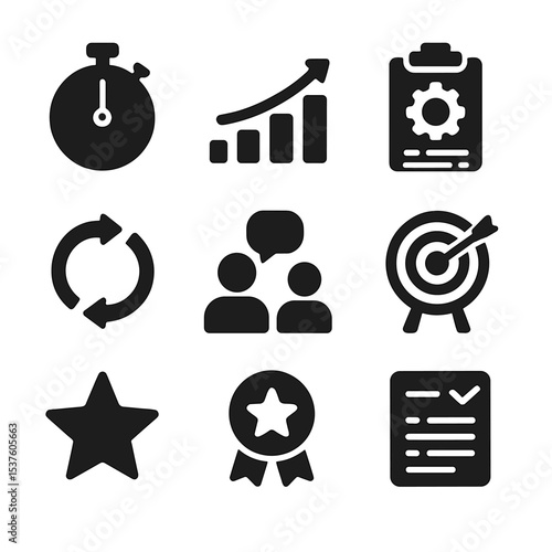Performance Coaching Icons. Solid, filled icons set of performance coaching: stopwatch icon, benchmark graph,