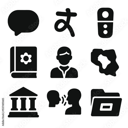 Language Preservation Icons. Solid, filled icons set of native language preservation: speech bubble,