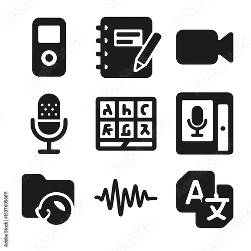 Language Tool Icons. Solid, filled icons set of language documentation tools: voice recorder, transcription