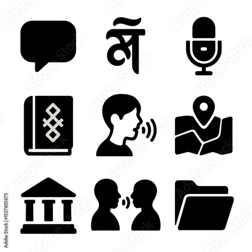 Language Preservation Icons. Solid, filled icons set of native language preservation: speech bubble,
