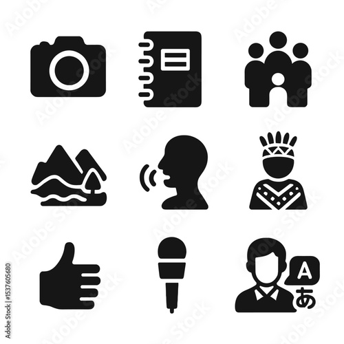 Linguistic Icons Set. Solid, filled icons set of linguistic fieldwork photography: camera icon, field notebook