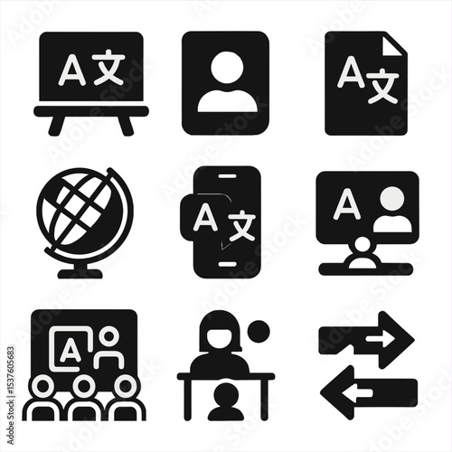 Bilingual Education Icons. Solid, filled icons set of bilingual education materials: chalkboard, alphabet book
