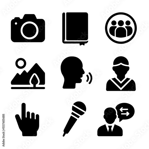 Linguistic Icons Set. Solid, filled icons set of linguistic fieldwork photography: camera icon, field notebook
