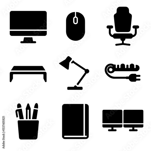 Digital Workstation Icons. Solid, filled icons set of digital workstation setup: desktop computer, wireless