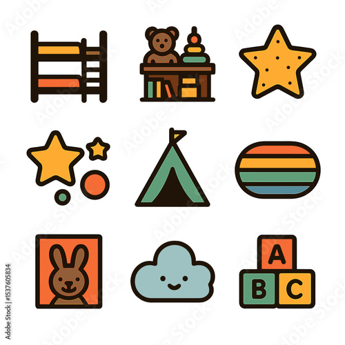 Kids' Icon Set. Solid, filled icons set of kids’ room decor and playful designs: bunk bed, toy shelf, star