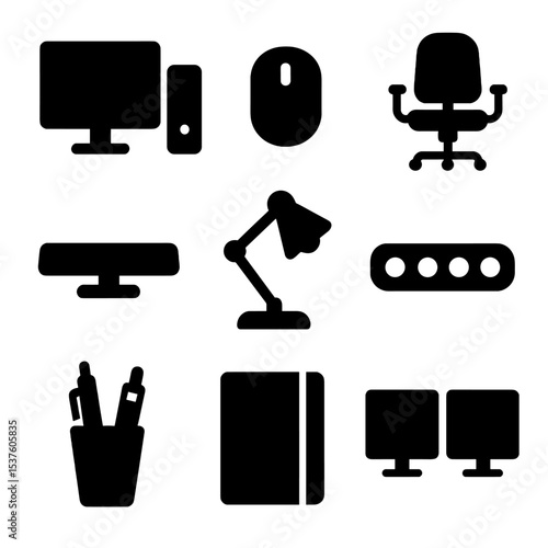 Digital Workstation Icons. Solid, filled icons set of digital workstation setup: desktop computer, wireless