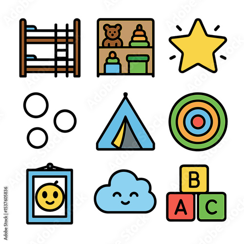 Kids' Icon Set. Solid, filled icons set of kids’ room decor and playful designs: bunk bed, toy shelf, star