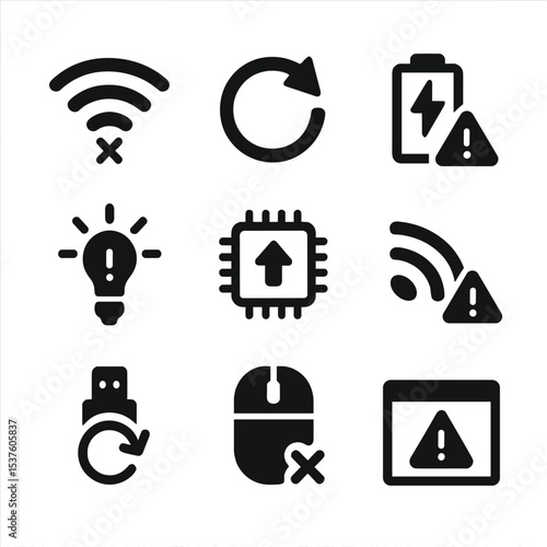 Wireless Troubleshooting Icons. Solid, filled icons set of wireless troubleshooting: no signal icon, reconnect