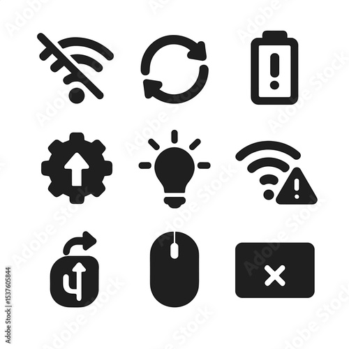 Wireless Troubleshooting Icons. Solid, filled icons set of wireless troubleshooting: no signal icon, reconnect