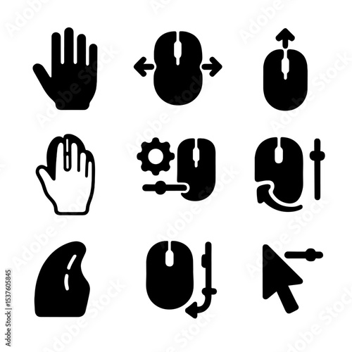 Left-Handed Mouse Icons. Solid, filled icons set of left-handed mouse support: left-hand icon, mirrored