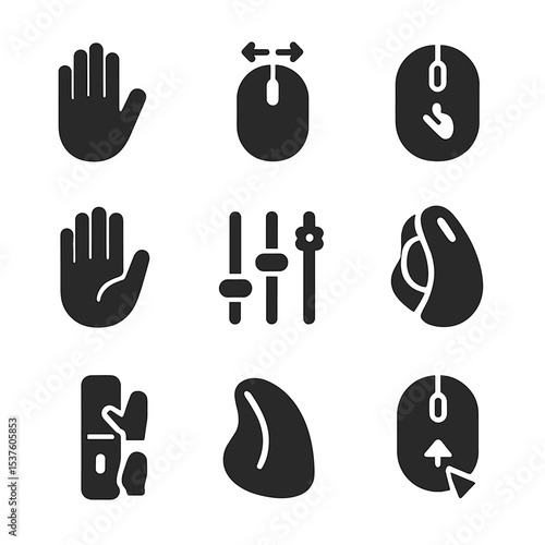 Left-Handed Mouse Icons. Solid, filled icons set of left-handed mouse support: left-hand icon, mirrored