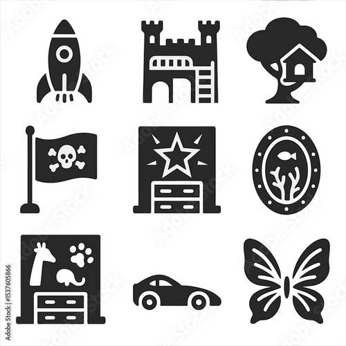 Themed Kids' Room Icons. Solid, filled icons set of themed kids’ rooms: space rocket, castle bed, jungle tree,