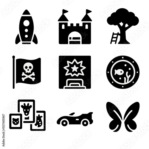 Themed Kids' Room Icons. Solid, filled icons set of themed kids’ rooms: space rocket, castle bed, jungle tree,