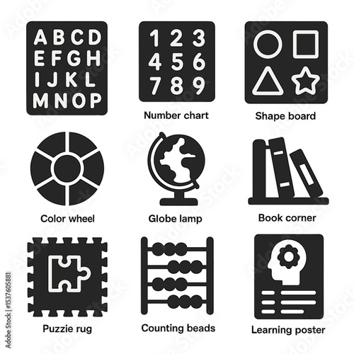 Educational Kids Decor. Solid, filled icons set of educational decor for kids: alphabet wall, number chart,