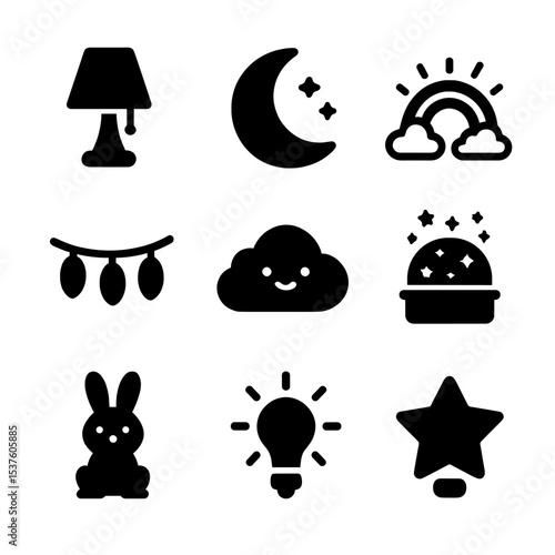 Playful Lighting Icons. Solid, filled icons set of playful lighting for kids: night lamp, moon light, rainbow