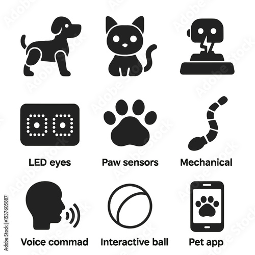 Robotic Pets Icons. Solid, filled icons set of robotic pets: robot dog, robot cat, charging dock, LED eyes,