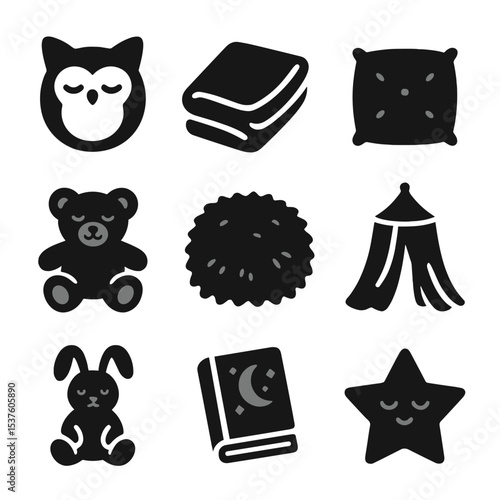 Cozy Kids' Icons. Solid, filled icons set of soft and cozy kids’ accessories: animal cushion, cozy blanket,
