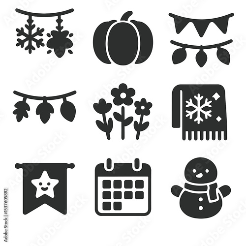Seasonal Kids' Room Icons. Solid, filled icons set of seasonal kids’ room updates: snowflake lights, pumpkin