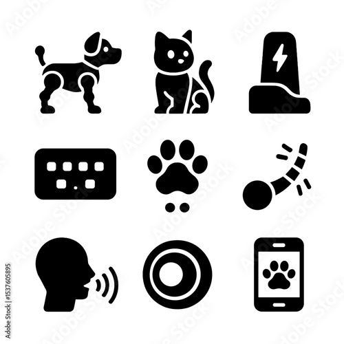 Robotic Pets Icons. Solid, filled icons set of robotic pets: robot dog, robot cat, charging dock, LED eyes,