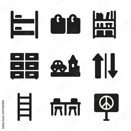Shared Kids' Space Icons. Solid, filled icons set of shared kids’ spaces: twin beds, name tags, shared