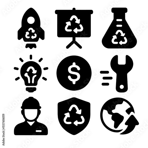 Future Recycling Icons. Solid, filled icons set of future recycling startups: startup rocket, pitch deck, lab
