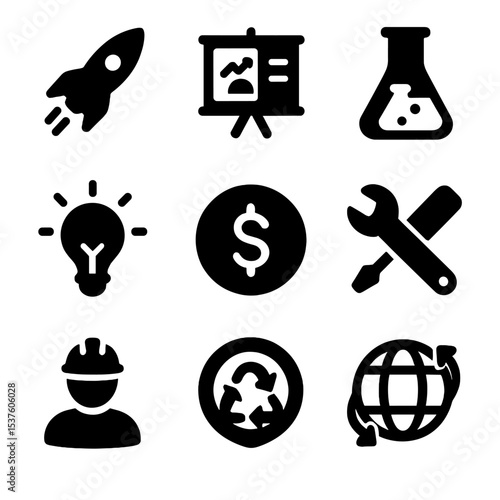 Future Recycling Icons. Solid, filled icons set of future recycling startups: startup rocket, pitch deck, lab