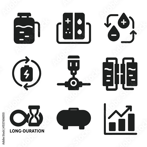 Flow Battery Icons. Solid, filled icons set of flow battery technologies: electrolyte tank, ion exchange